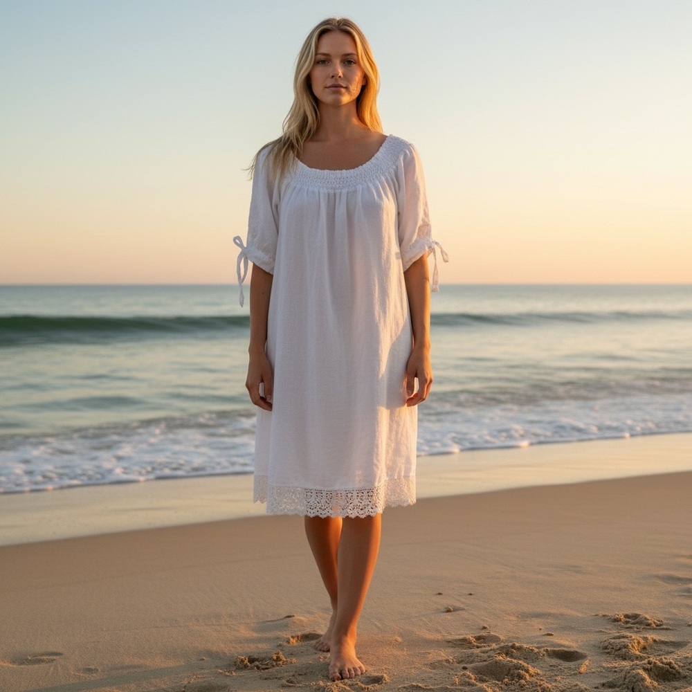TERZO MILLENNIO Women's M Italian White 100% Linen Lace Midi Dress / Coverup